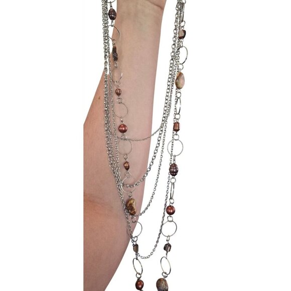 Multistrand Beaded Boho Glam Rope Length Necklace Brown Silver - Picture 2 of 8